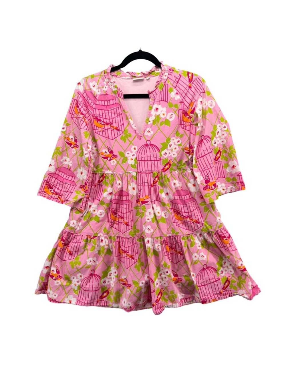 Spartina 449 Maisie Mini Dress Pink Green Floral Birds 3/4 Sleeve Pockets Size M